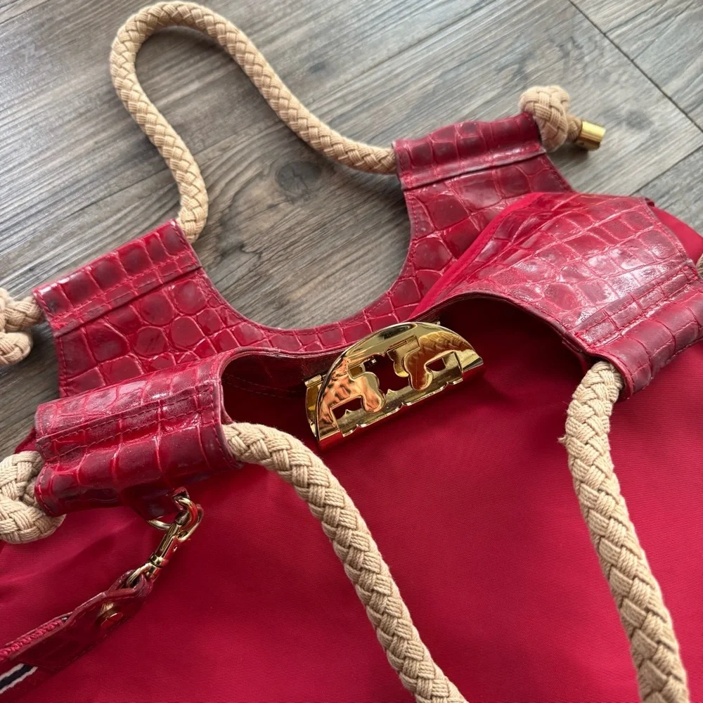 Tory Burch Red Nylon Croc Embossed Rope Handle Shoulder Hobo Bag